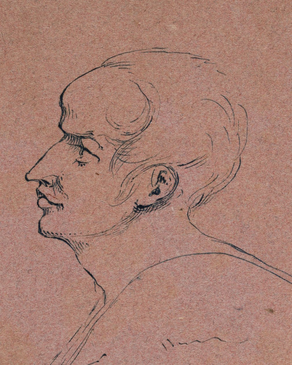 Miehen profiili, 1840 (kynä ja sininen muste vaaleanpunaisella kudospaperilla) tekijältä Samuel Finley Breese Morse