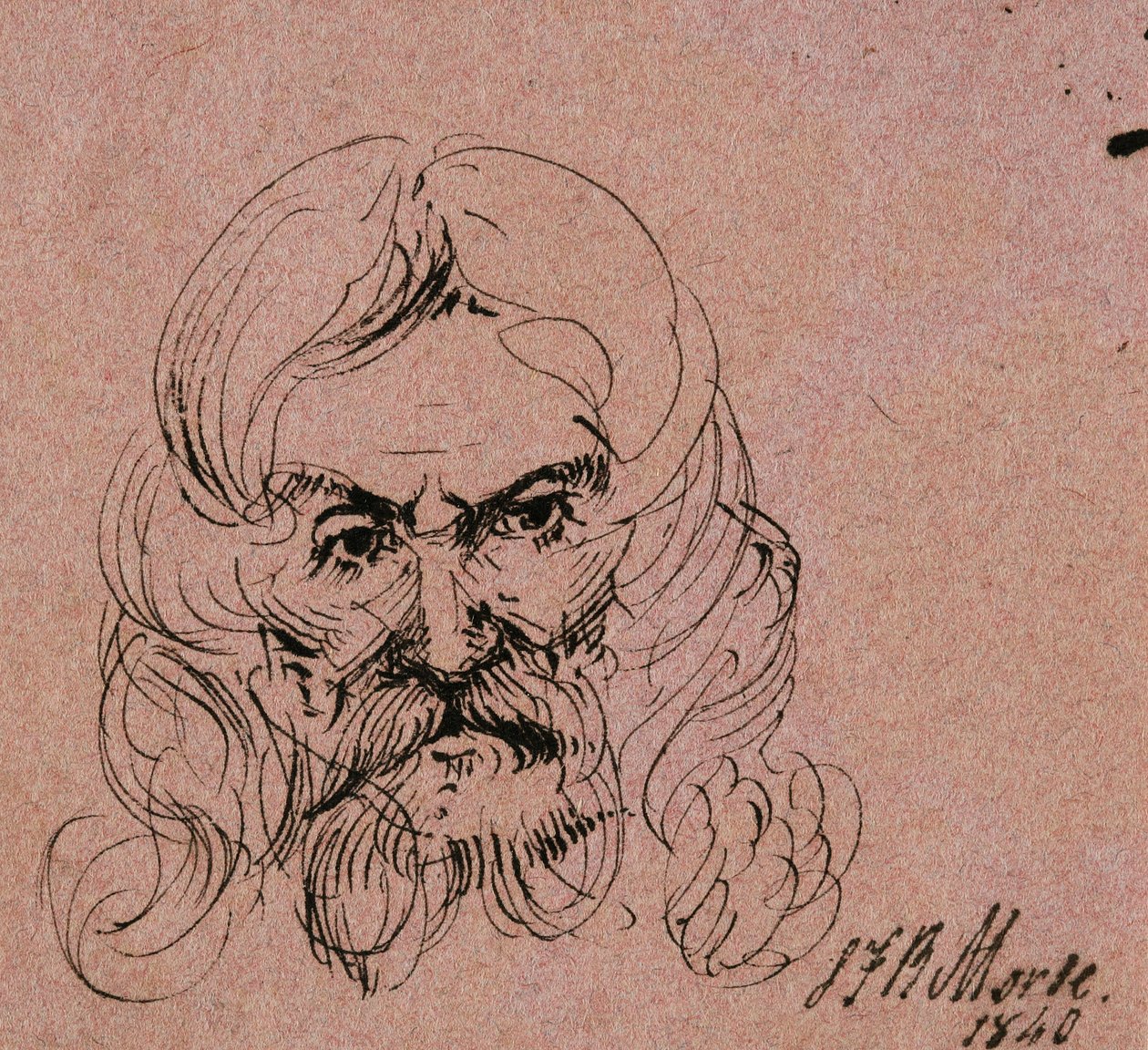 Luonnos pitkähiuksisen miehen päästä, 1840 (kynä ja musta muste vaaleanpunaisella kudospaperilla) tekijältä Samuel Finley Breese Morse