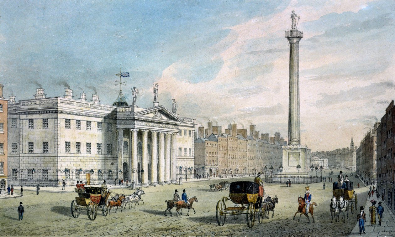 Sackville Street, Dublin, jossa näkyy posti ja Nelsonin pylväs tekijältä Samuel Frederick Brocas