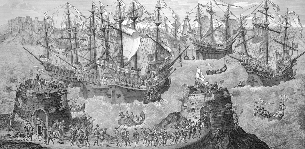 Henry VIII:n (1491-1547) laivaantulo Doverissa, 31. toukokuuta 1520, valmistelee hänen haastatteluaan Ranskan kuninkaan Francis I:n (1494-1547) pubissa. vuonna 1781, kaivertanut James Basire (bundw kuva tekijältä Samuel Hieronymous Grimm