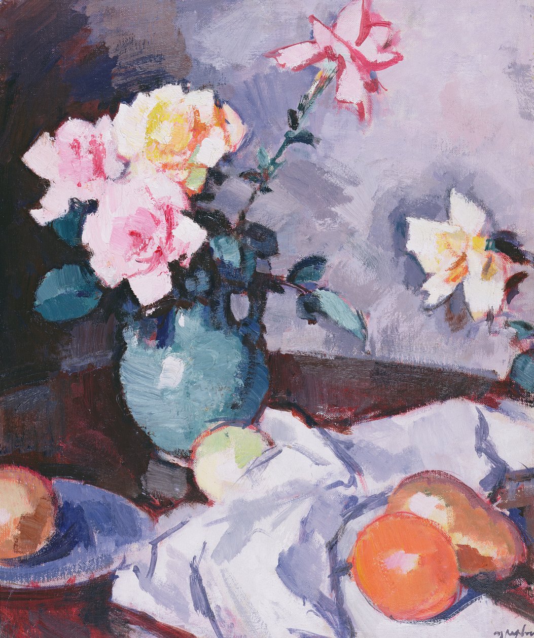 Vaaleanpunaisia ruusuja vihreässä kannussa, n. 1926 tekijältä Samuel John Peploe