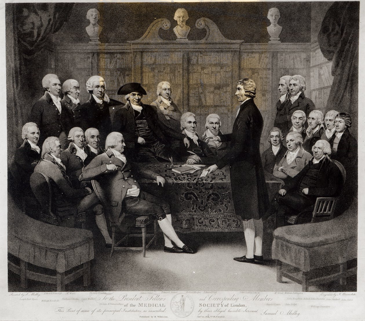 Ryhmämuotokuva Lontoon Medical Societyn presidentistä, stipendiaateista ja kirjeenvaihtajista, kaiverrettu Nathan Cooper Branwhite (1775-1857), julkaissut R. Wilkinson, 1801 (bw-kuva tekijältä Samuel Medley