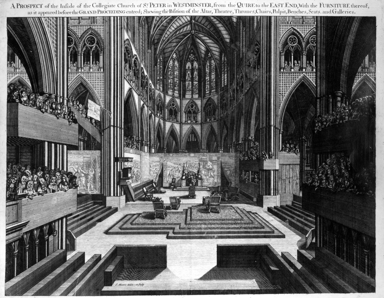 Mahdollisuus kollegiaalisen Pyhän Pietarin kirkon sisäpuolelle Westminsterissä (Westminster Abbey) ennen James II:n kruunausta (1633-1701) 1688 tekijältä Samuel Moore