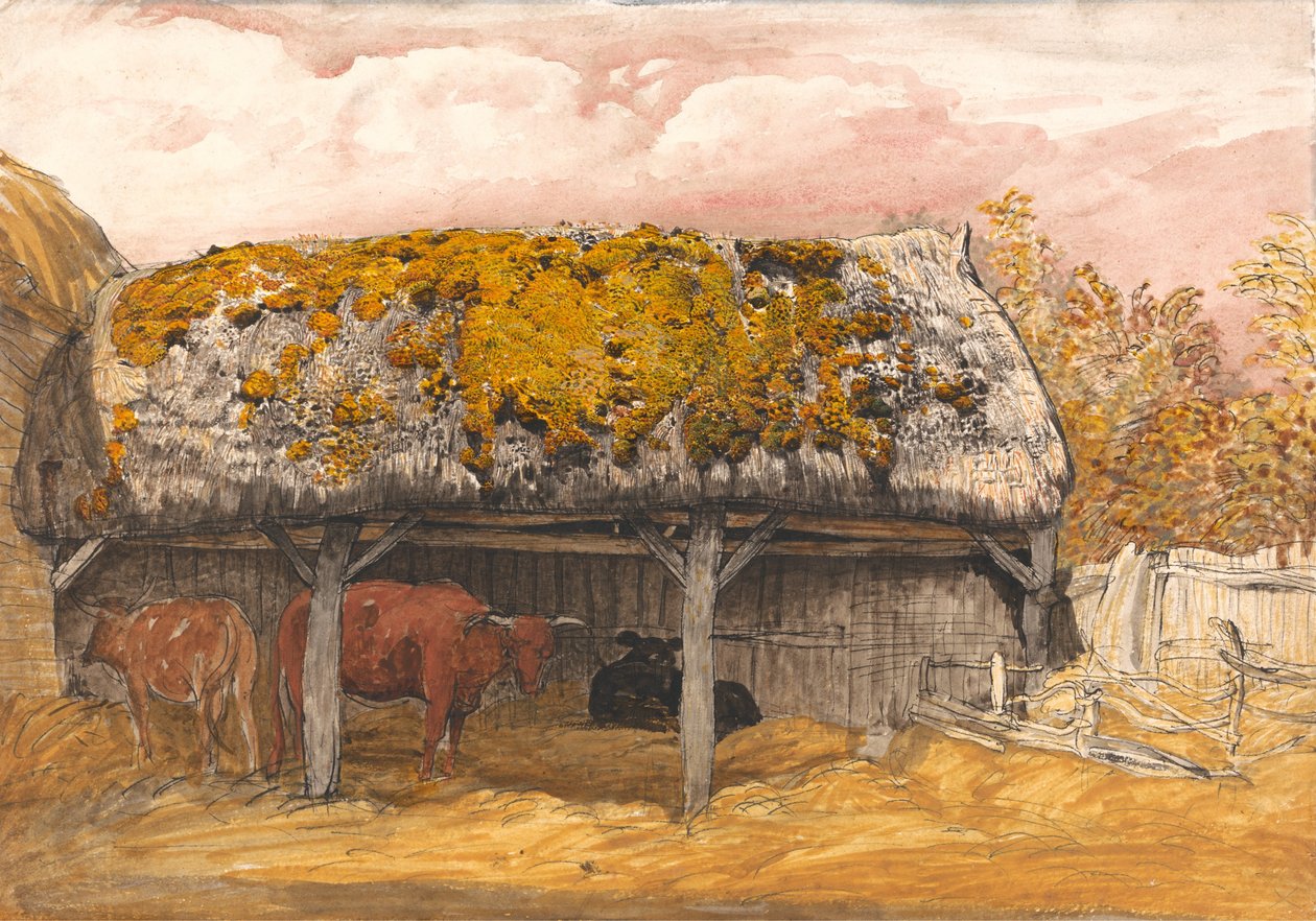 Lehmän Lodge, jossa on sammalinen katto tekijältä Samuel Palmer