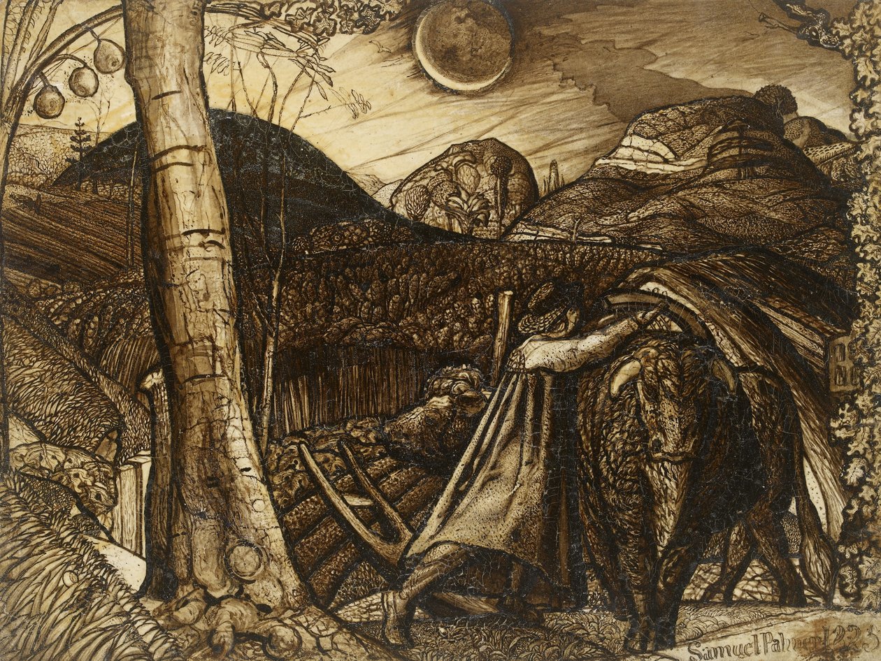 Maalaismainen kohtaus, 1823 (kynä ja sivellin seepia) tekijältä Samuel Palmer
