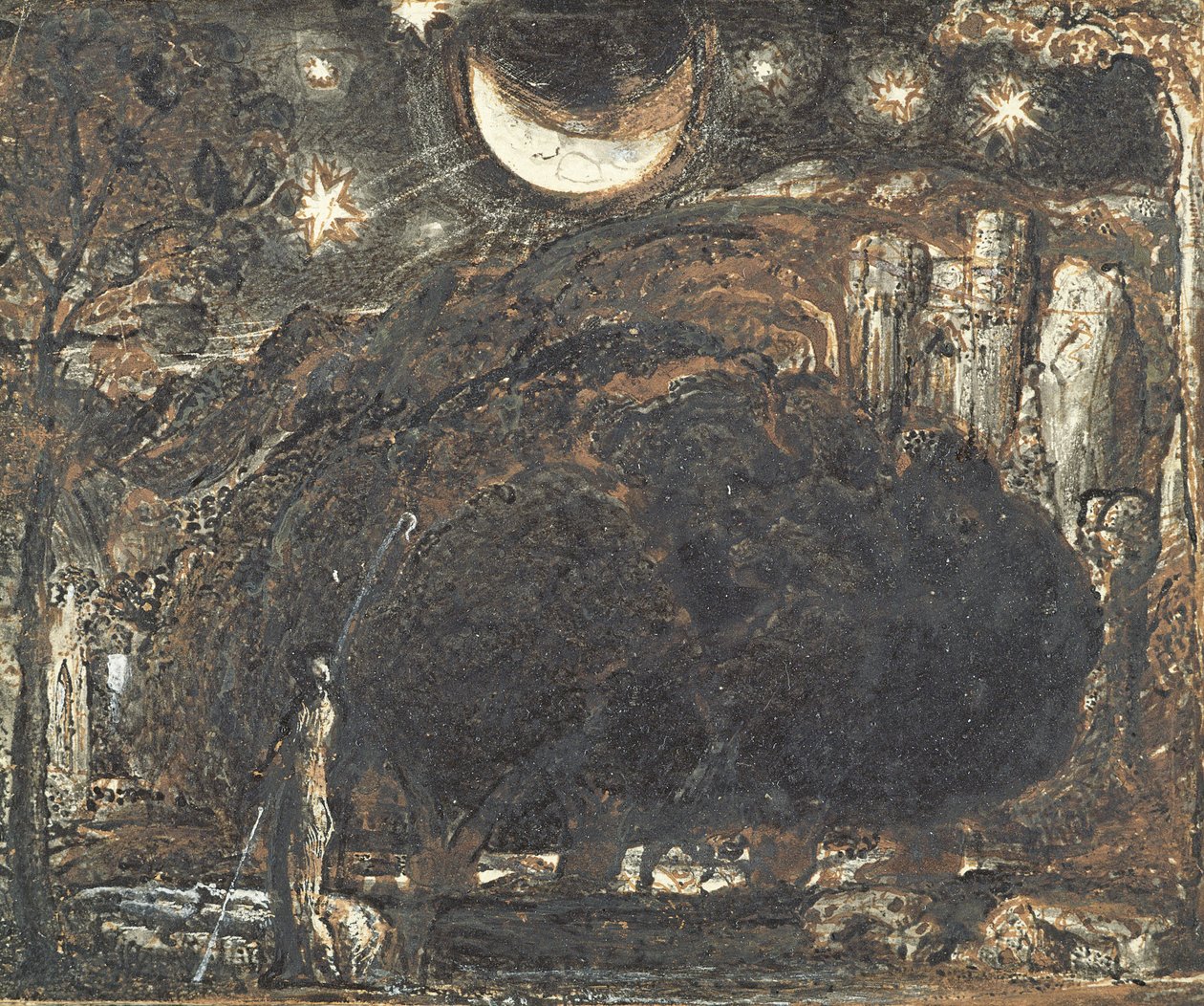 Paimen ja hänen laumansa kuun ja tähtien alla, n. 1827 (kynän ja musteen pesu paperille) tekijältä Samuel Palmer
