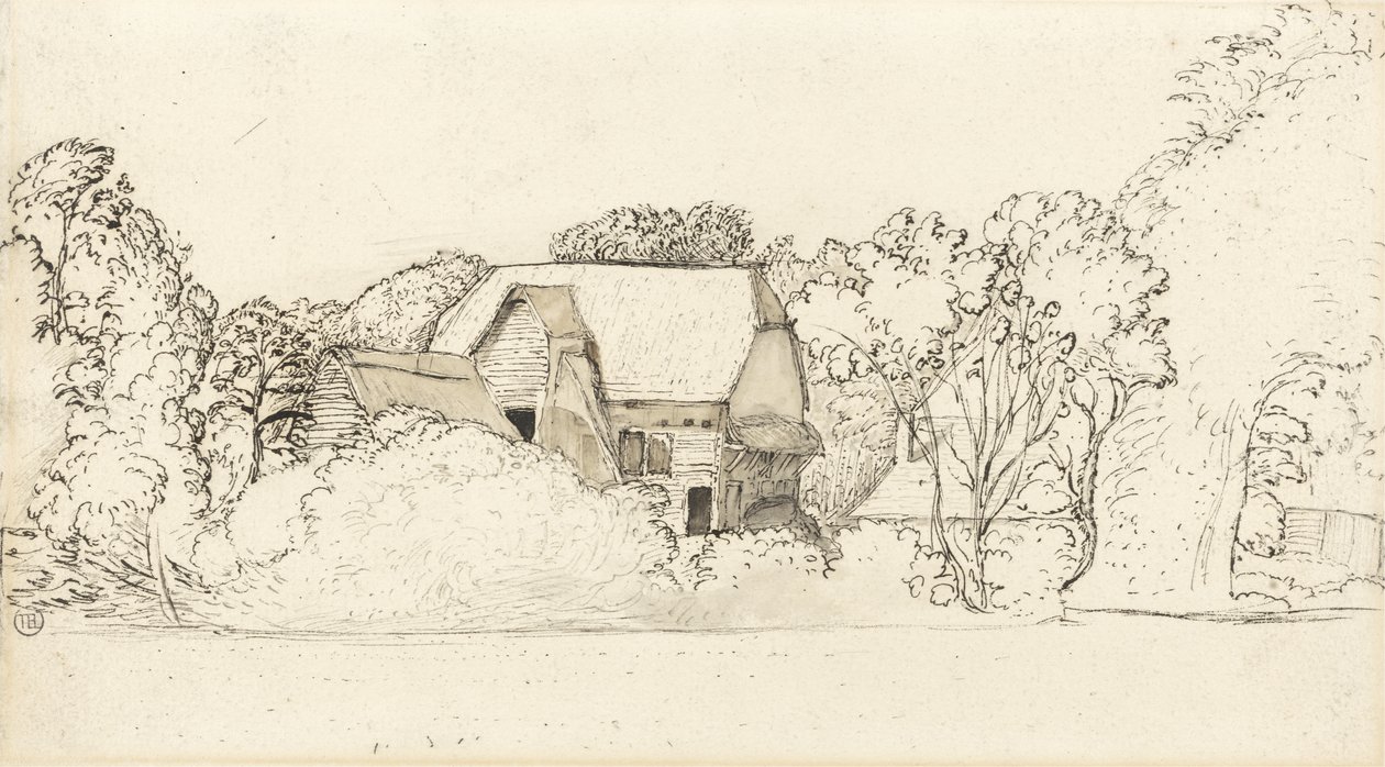 Ancient Barn at Shoreham (kynä ja muste ja harmaa ja ruskea pesu grafiitin päällä paperilla) tekijältä Samuel Palmer