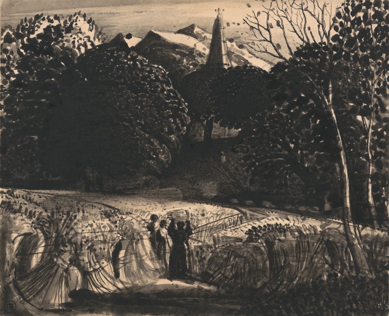 Cornfield ja Church by Moonlight tekijältä Samuel Palmer
