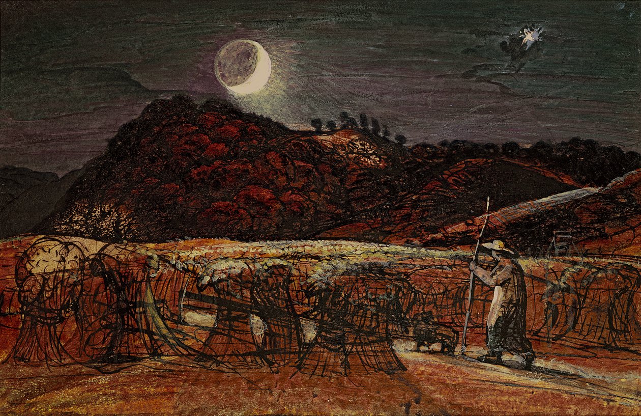 Cornfield by Moonlight, Iltatähdellä, n. 1830 (wc ja vartaloväri kynällä ja musteella) tekijältä Samuel Palmer