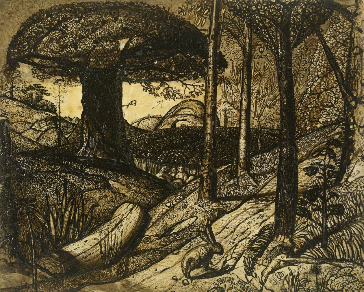 Early Morning, 1825 (kynä ja sivellin seepia) tekijältä Samuel Palmer