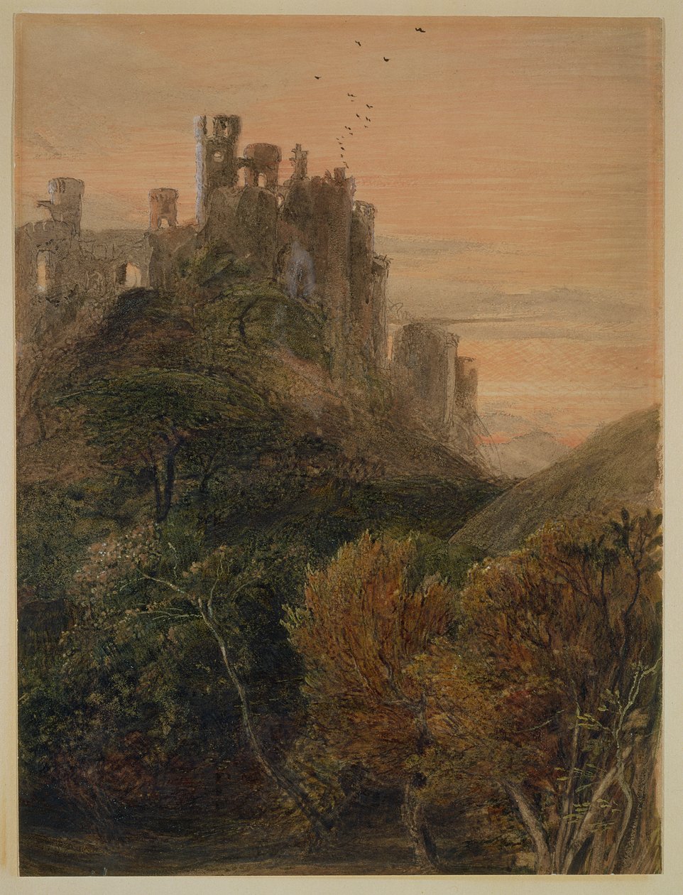 Lumottu linna (wc ja guassi paperilla) tekijältä Samuel Palmer