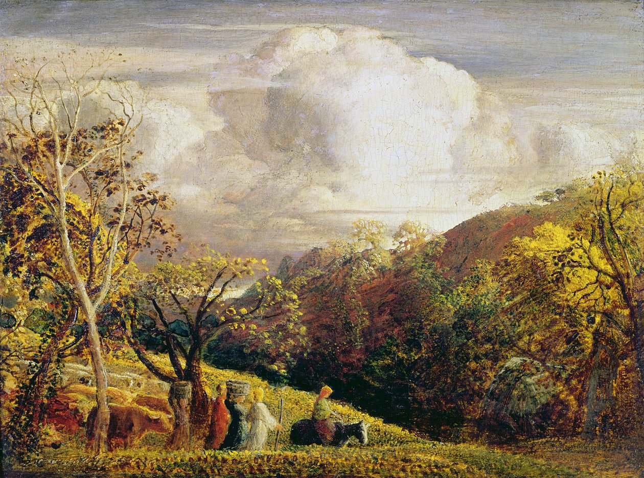 Maisema, hahmoja ja karjaa (wc ja bodycolour paperille) tekijältä Samuel Palmer