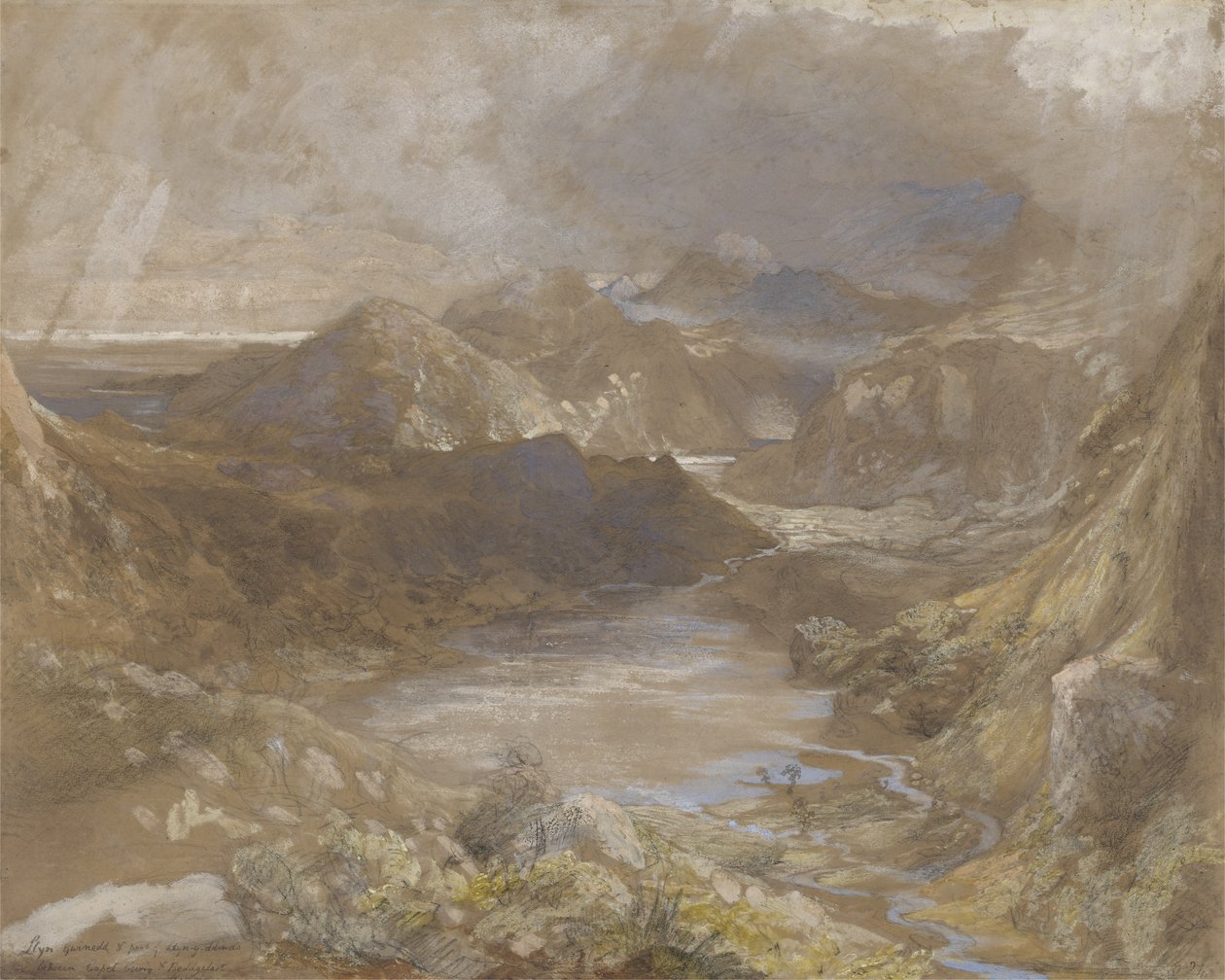 Llwyngwynedd ja osa Llyn-y-ddinaa Capel Curigin ja Beddegelertin välissä, Pohjois-Wales, 1835-36 (wc, guassi ja grafiitti paperilla) tekijältä Samuel Palmer