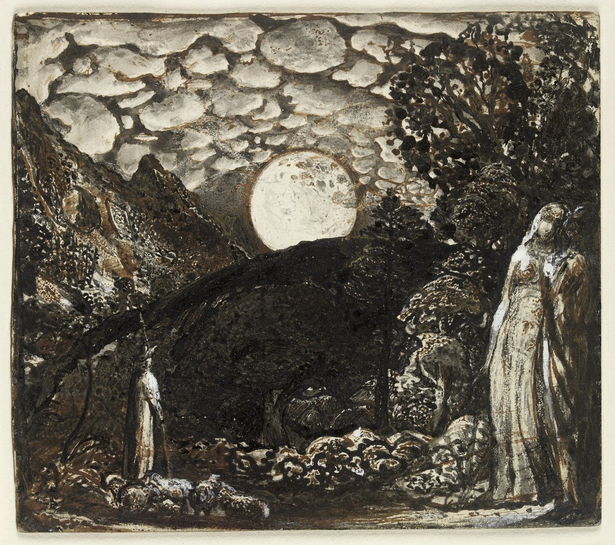Mga pastol sa ilalim ng Kabilugan ng Buwan, c.1829-30 (panulat at kayumanggi na tinta na may brush sa Indian na tinta, pinataas na may kulay ng katawan sa puting card)finn tekijältä Samuel Palmer