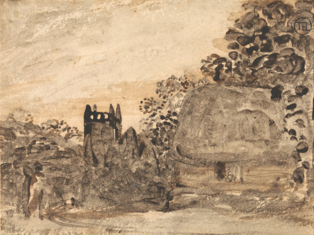 Olkikattoinen mökki ja kirkko tekijältä Samuel Palmer