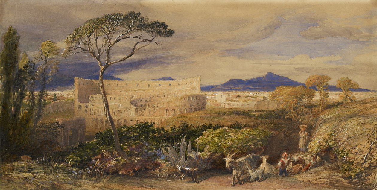 Colosseum ja Alban-vuori (wc ja guassi lyijykynän, liidun ja tussin päälle) tekijältä Samuel Palmer