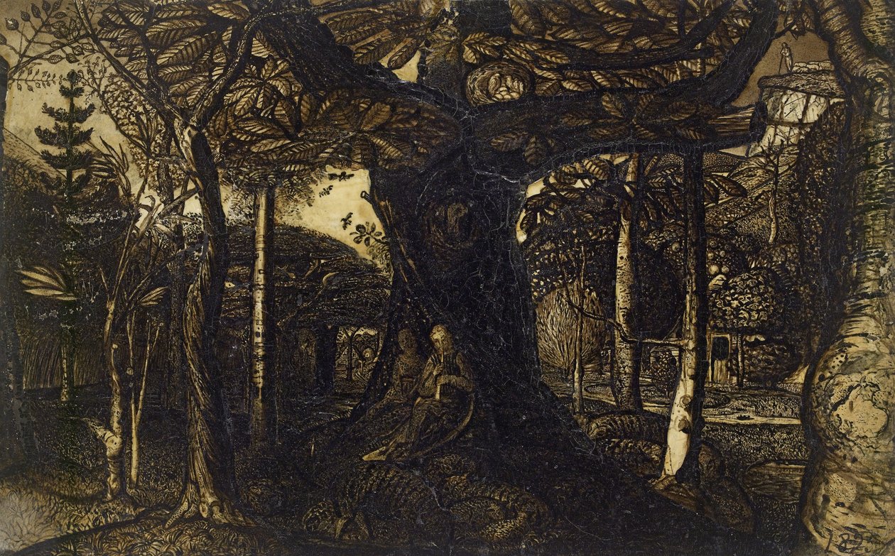 Puun hameet, 1825 (kynä ja sivellin seepia) tekijältä Samuel Palmer
