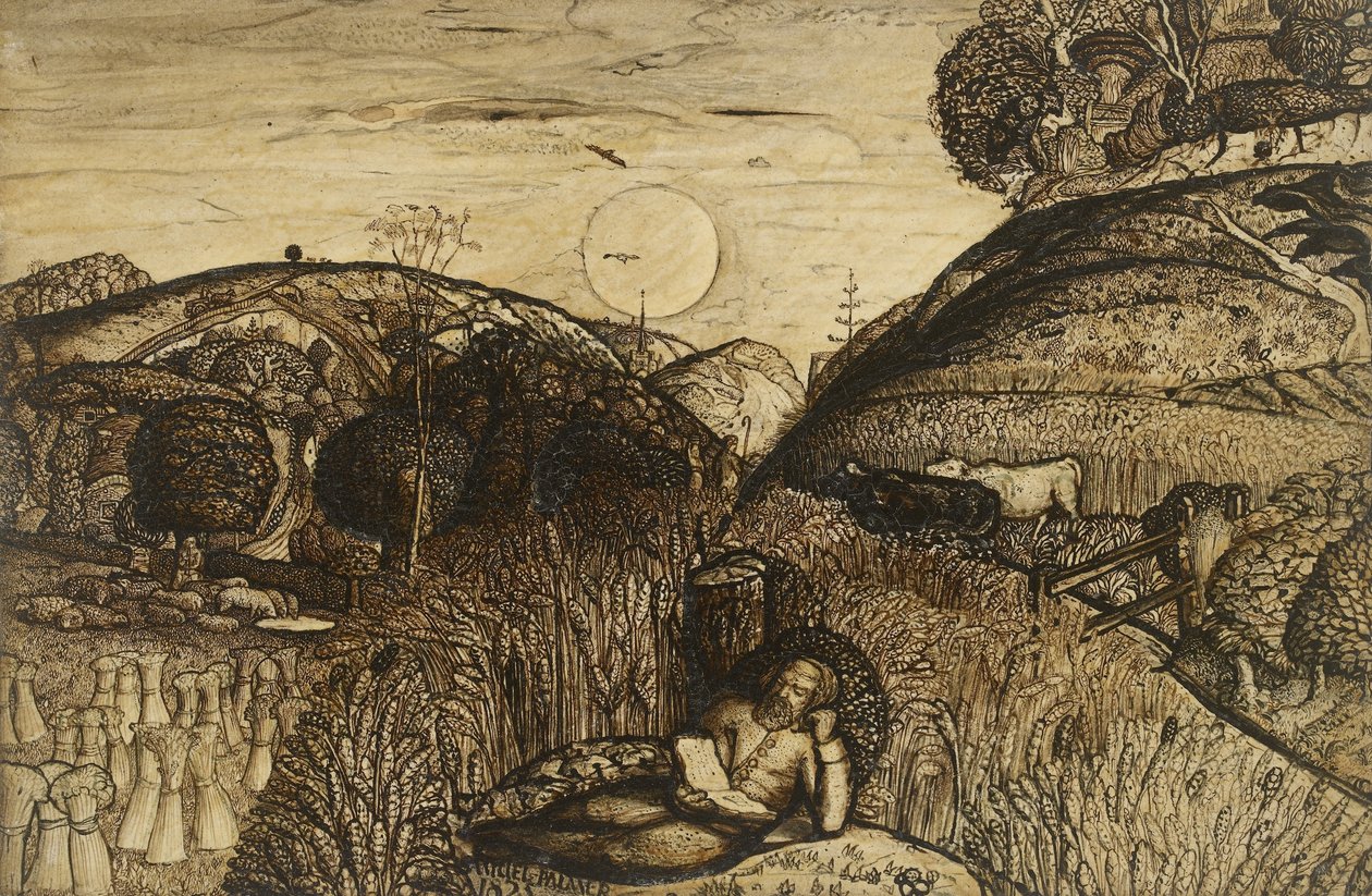 The Valley Thick with Corn, 1825 (kynä ja tummanruskea muste siveltimellä seepialla sekoitettuna arabikumiin; lakattu) tekijältä Samuel Palmer