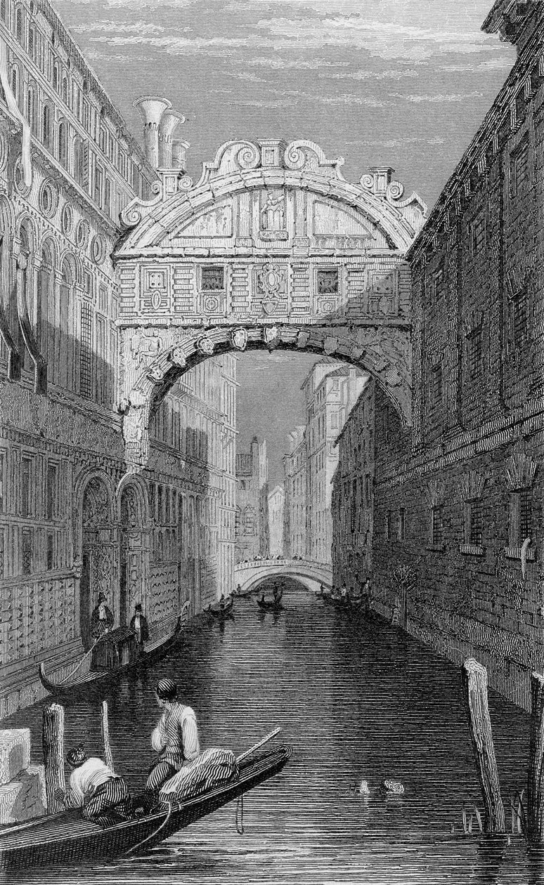 Huokausten silta, Venetsia, kaiverrettu Robert Wallisin toimesta, 1829. tekijältä Samuel Prout