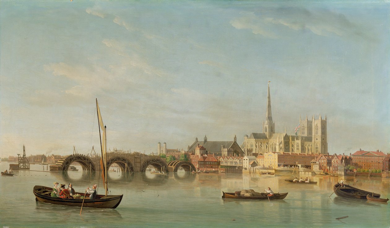 Westminster Bridgen rakennus kuvitteellisella näkymällä Westminster Abbeyyn, n. 1742 tekijältä Samuel Scott