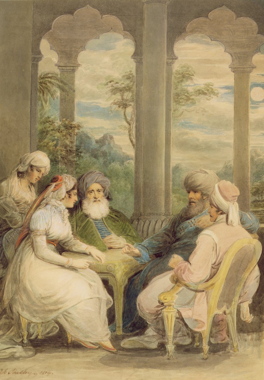 Prinssi Rasselas ja hänen sisarensa keskustelemassa kesäpalatsissaan Niilin rannalla, 1804 (wc liidulla grafiitin päällä paperilla) tekijältä Samuel Shelley