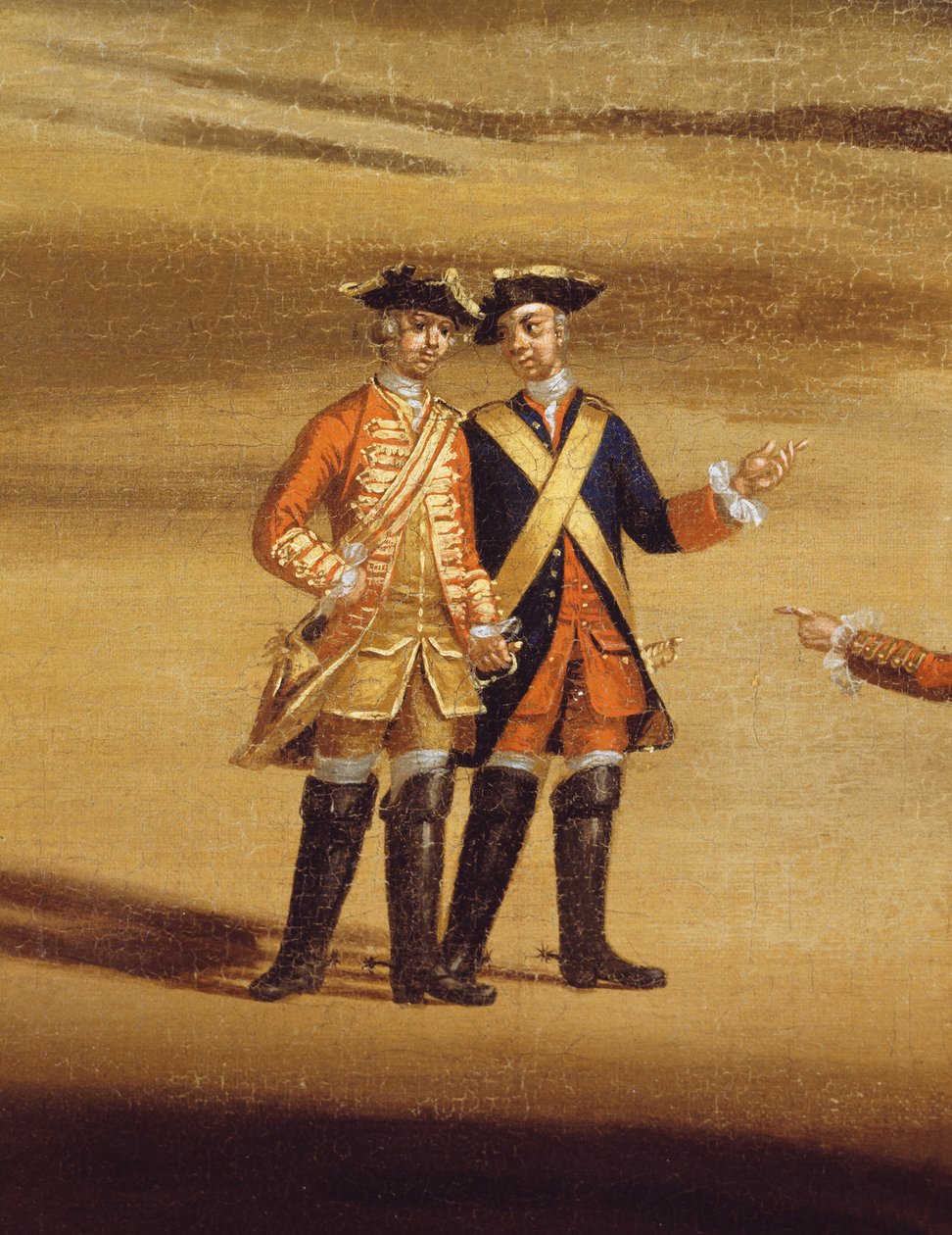 Kaksi upseeria keskustelemassa, n.1758 öljy kankaalle yksityiskohta kuvasta 237617. tekijältä Samuel Wale