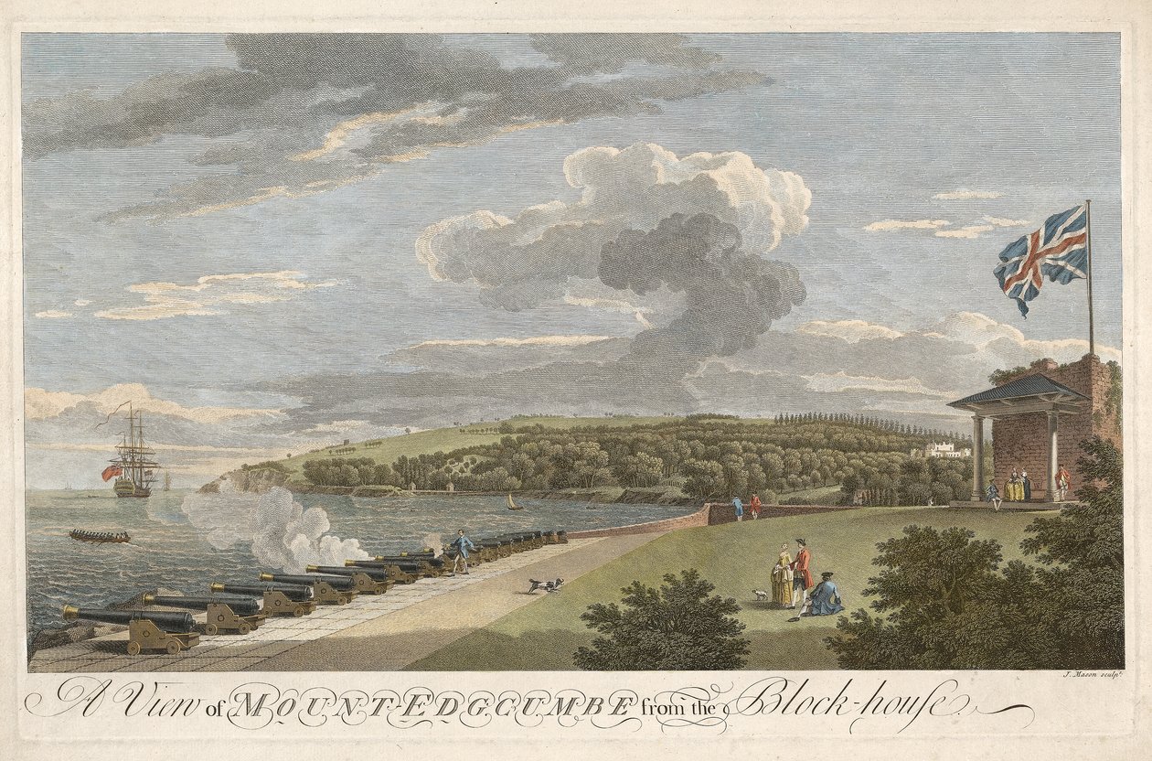Näkymä Edgcumbe-vuorelle Block House -pubista. 1755 (käsinvärinen kaiverrus) tekijältä Samuel after and Lambert Scott