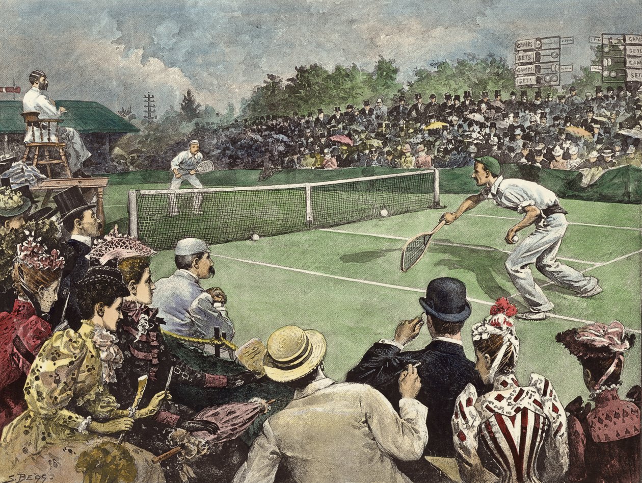 Lawn Tennis Championship Wimbledonissa 1891, herrat W Baddeley ja J Pim kilpailevat loppuottelussa (värillinen kaiverrus). tekijältä Samuel (after) Begg