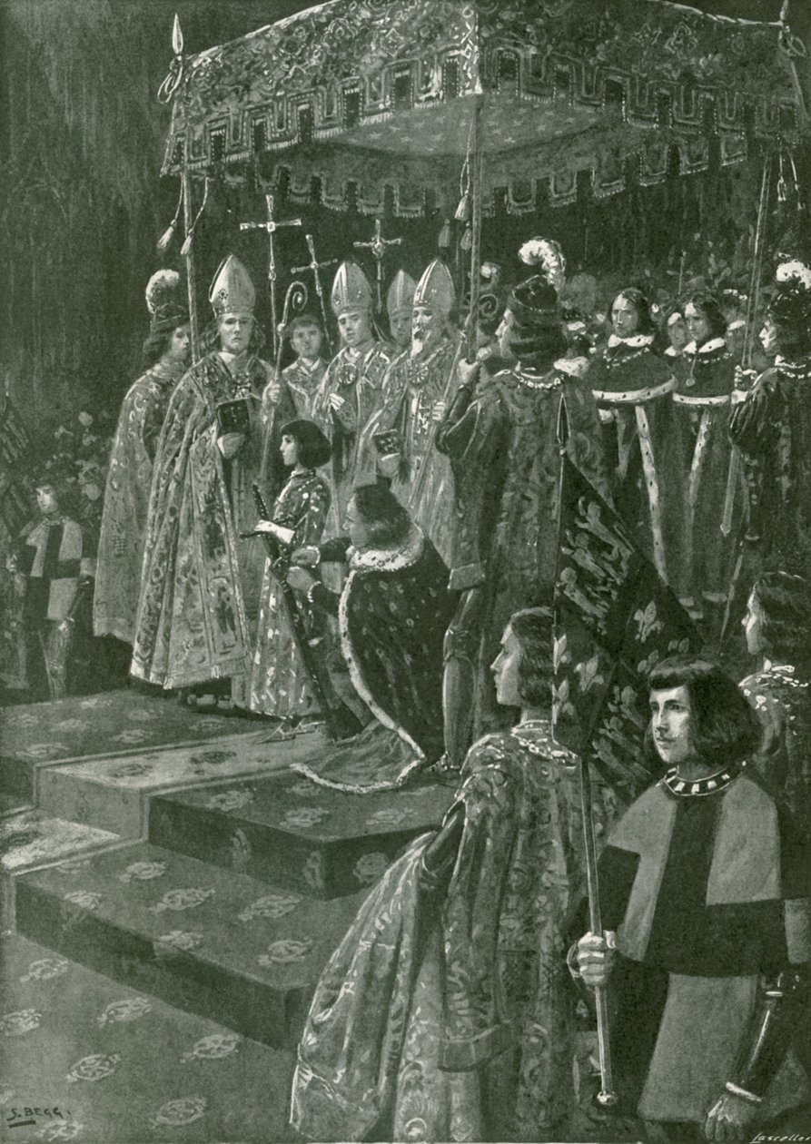 Kannusten ja miekan luovuttaminen Henrik VI:n kruunajaisissa (litografia) tekijältä Samuel (after) Begg