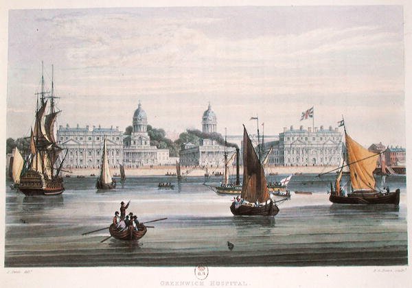 Greenwich Hospital, kaiverrus R.G. Reeve (fl.1811-37) 1828 (värillinen kaiverrus) tekijältä Samuel (after) Owen
