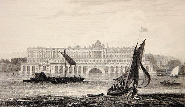 Näkymä Somersetin talolle Thames-joelta, kaiverrettu W.B. Cooke (1778-1855) 1814 (kaiverrus) tekijältä Samuel (after) Owen