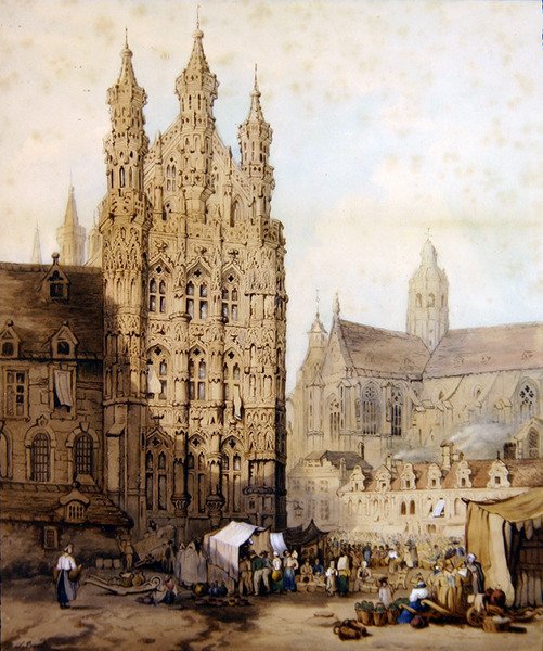 Kaupungintalo ja katedraali Leuvenissa Belgiassa, n. 1840 (akvarelli paperille) tekijältä Samuel (circle of) Prout