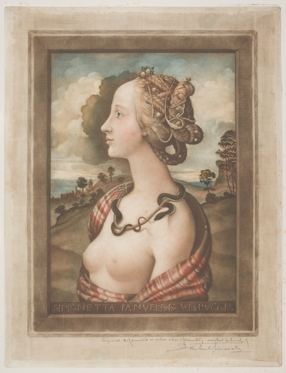 Simonetta Vespucci, n. 1900 (värinen mezzotint kermakudotulla paperilla) tekijältä Samuel Arlent Edwards