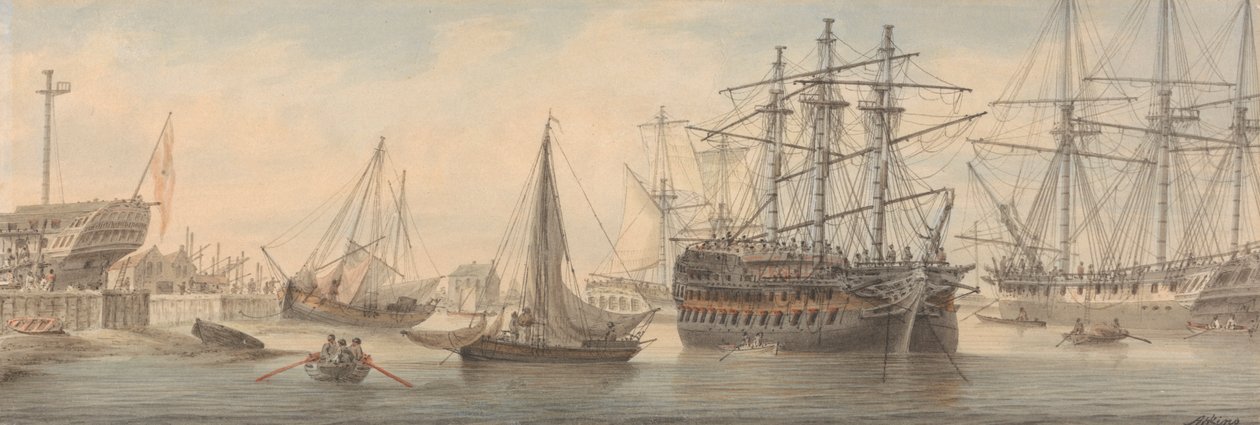 Men-of-War ja muu Shipping on the Thames (todennäköisimmin Deptfordissa) tekijältä Samuel Atkins