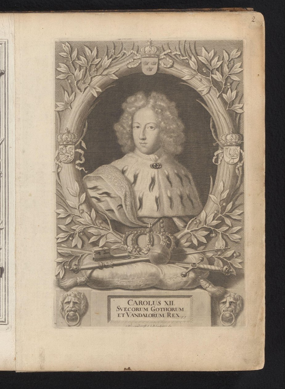 Karel XII van Zwedenin muotokuva Kaarle XII, Ruotsin goottien ja vandaalien kuningas (otsikko esineessä) Ruotsi Ancient and Modern (sarjan nimi) tekijältä Samuel Blesendorf