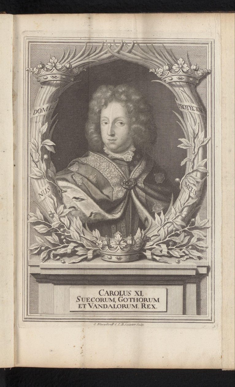 Portret van Karel XI van Zweden Kaarle XI, Ruotsin goottien ja vandaalien kuningas (otsikko esineessä) Ruotsi Ancient and Modern (sarjan nimi) tekijältä Samuel Blesendorf