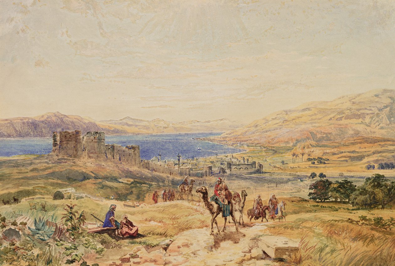 Tiberias Galileanmerellä, n. 1850 (akvarelli paperille) tekijältä Samuel Bough