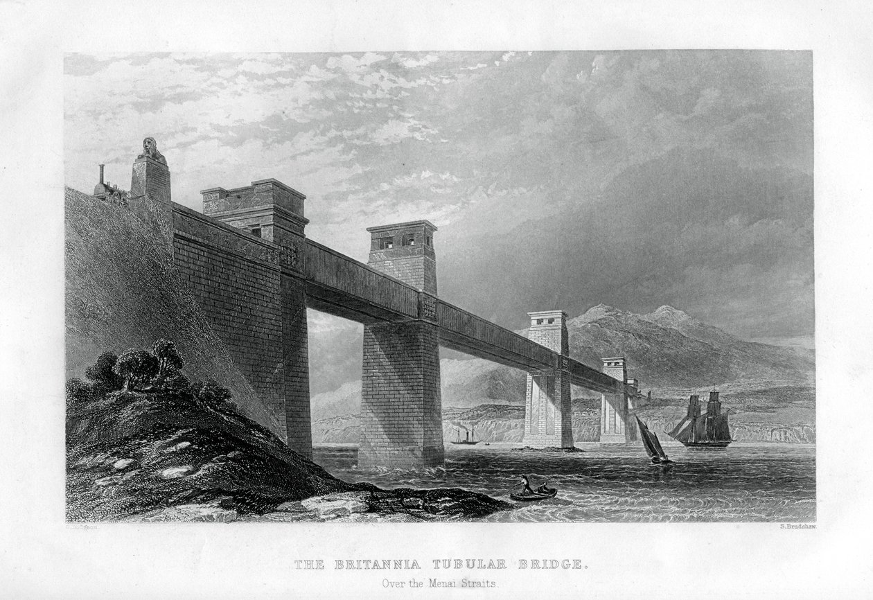 Britannia Tubular Bridge Menain salmen yli, Wales, 1886 tekijältä Samuel Bradshaw