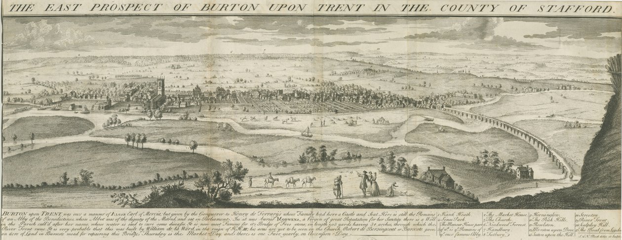Burton-upon-Trent Bridge and Town: kaiverrus, nd [1696-1779] (painettu) tekijältä Samuel Buck
