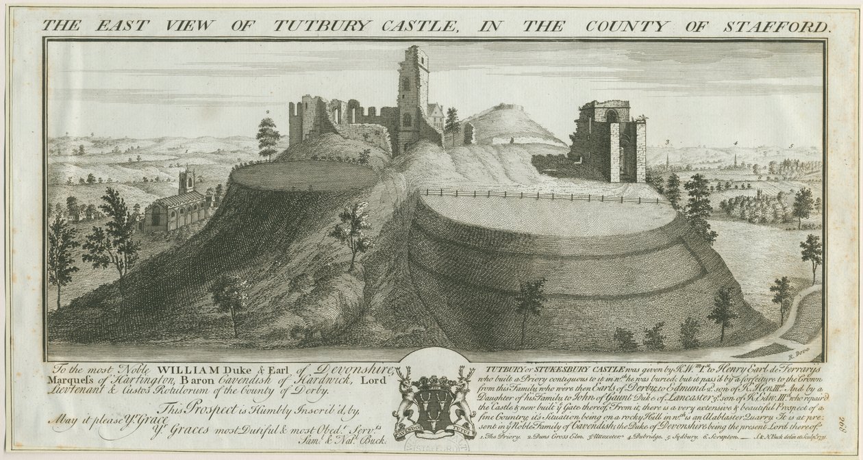 Tutbury Castle - Itänäkymä: kaiverrus tekijältä Samuel Buck