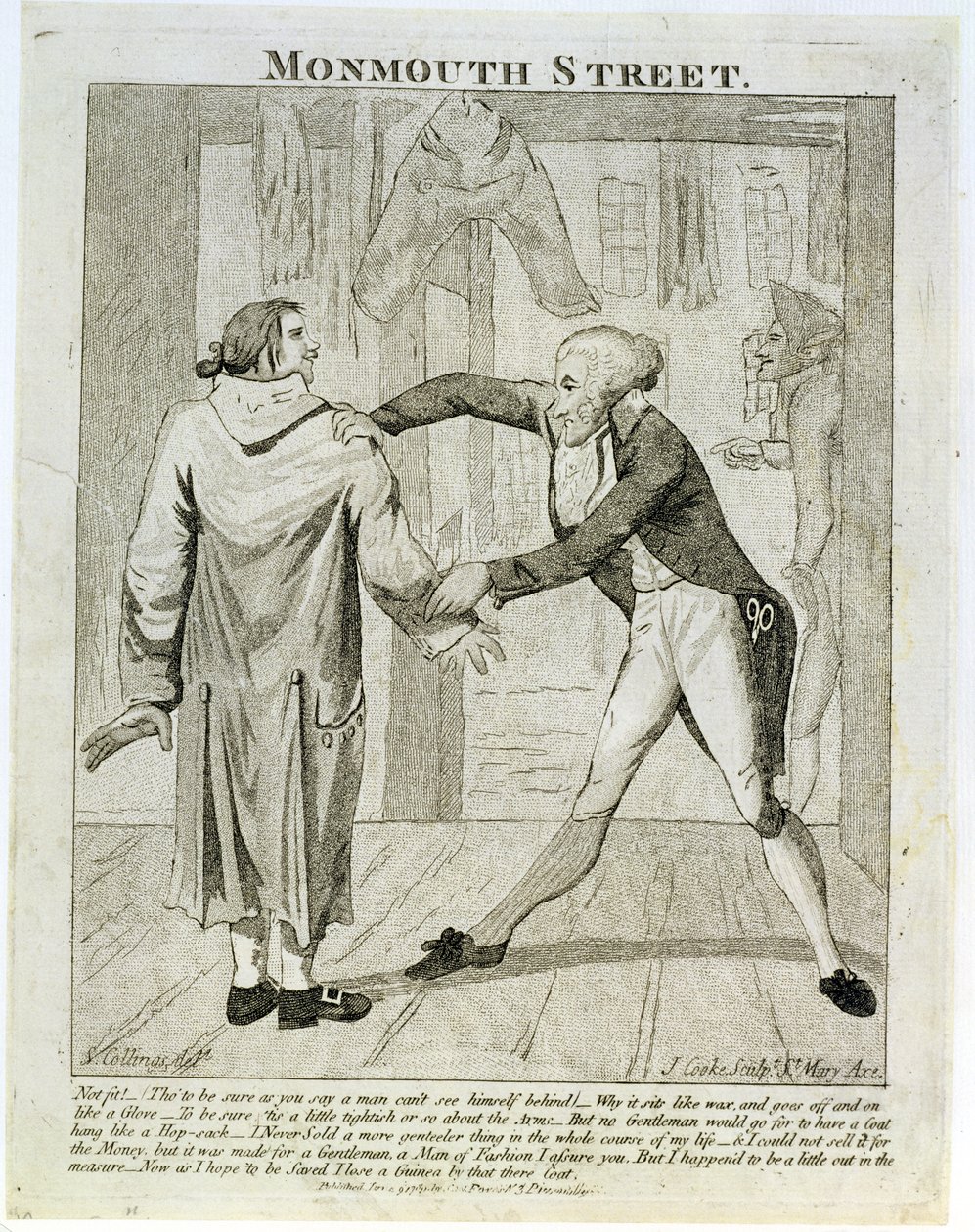 Monmouth Street, karikatyyri vanhojen vaatteiden myyjästä, kaivertaja J. Cooke, 1789. tekijältä Samuel Collings