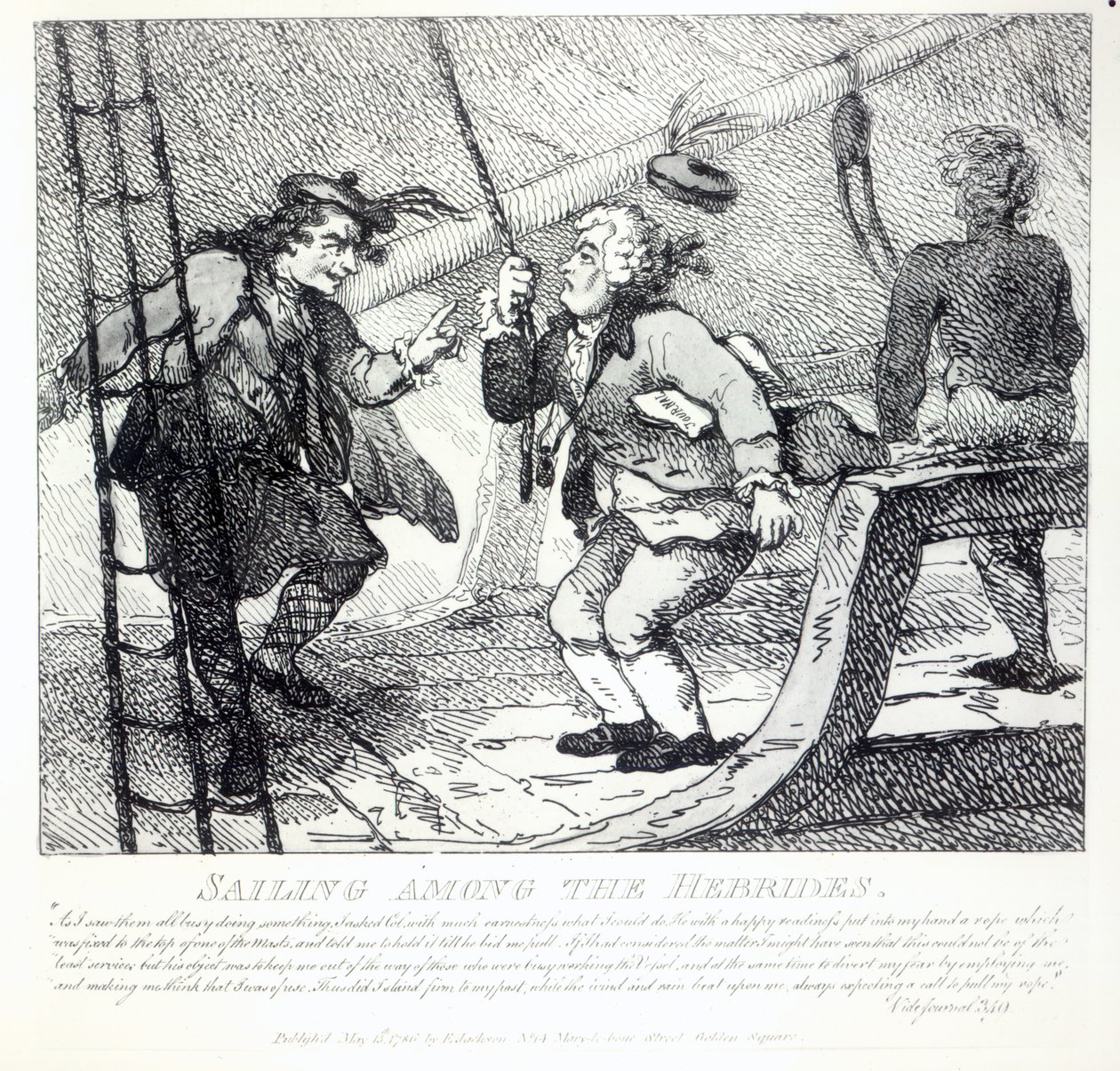 Purjehdus Hebridien keskuudessa julkaisusta "Picturesque Beauties of Boswell, Part the First", kaivertanut Thomas Rowlandson, 1786 tekijältä Samuel Collings