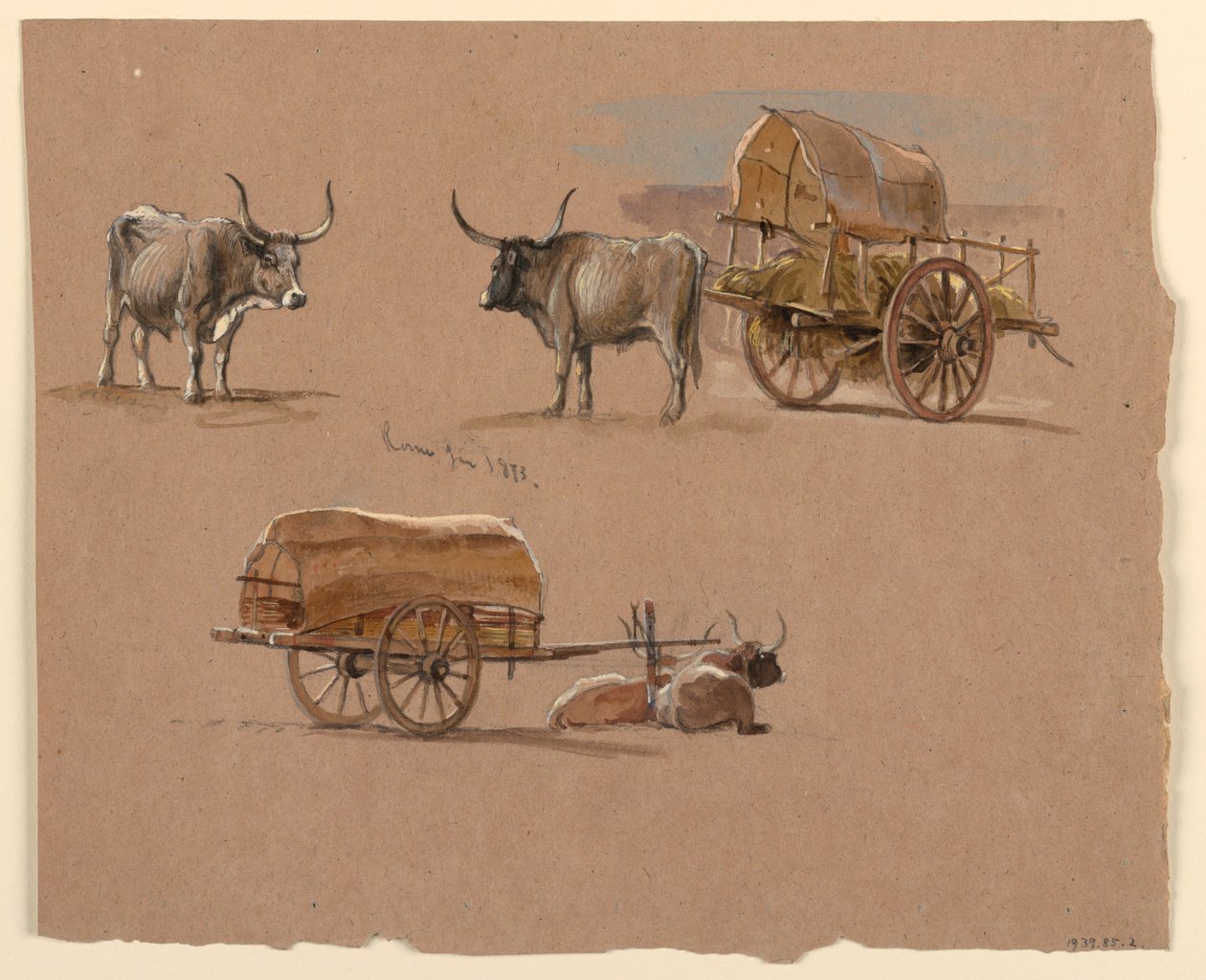 Piirros, härkävaunut, Rooma, Italia, tammikuu 1873. tekijältä Samuel Colman