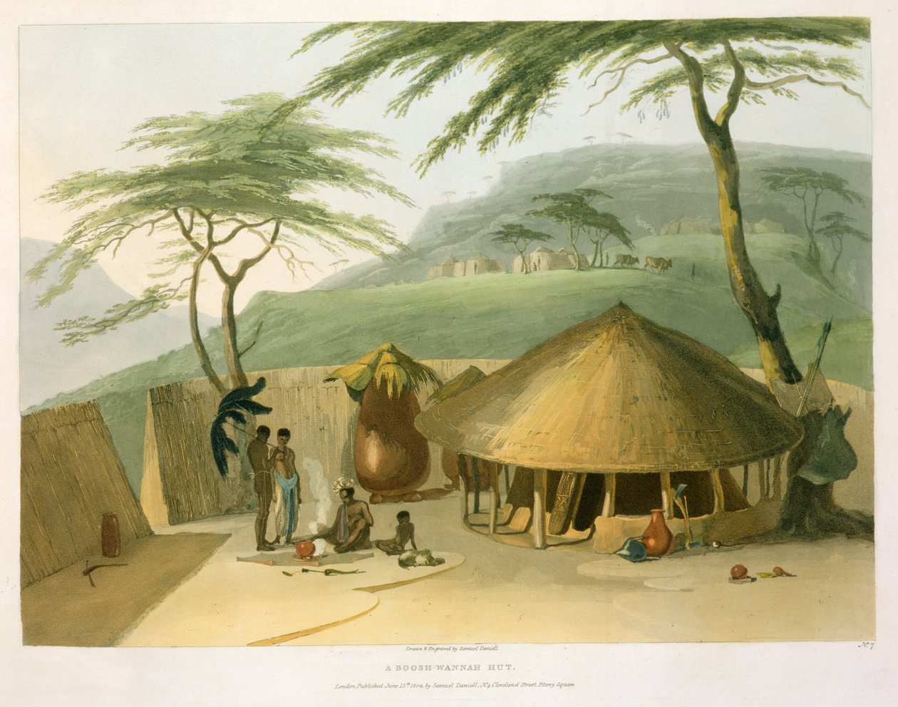 Boosh-Wannah Hut, levy 7 Afrikan maisemista ja eläimistä, taiteilijan kaivertama, 1804 (akvatinta) tekijältä Samuel Daniell