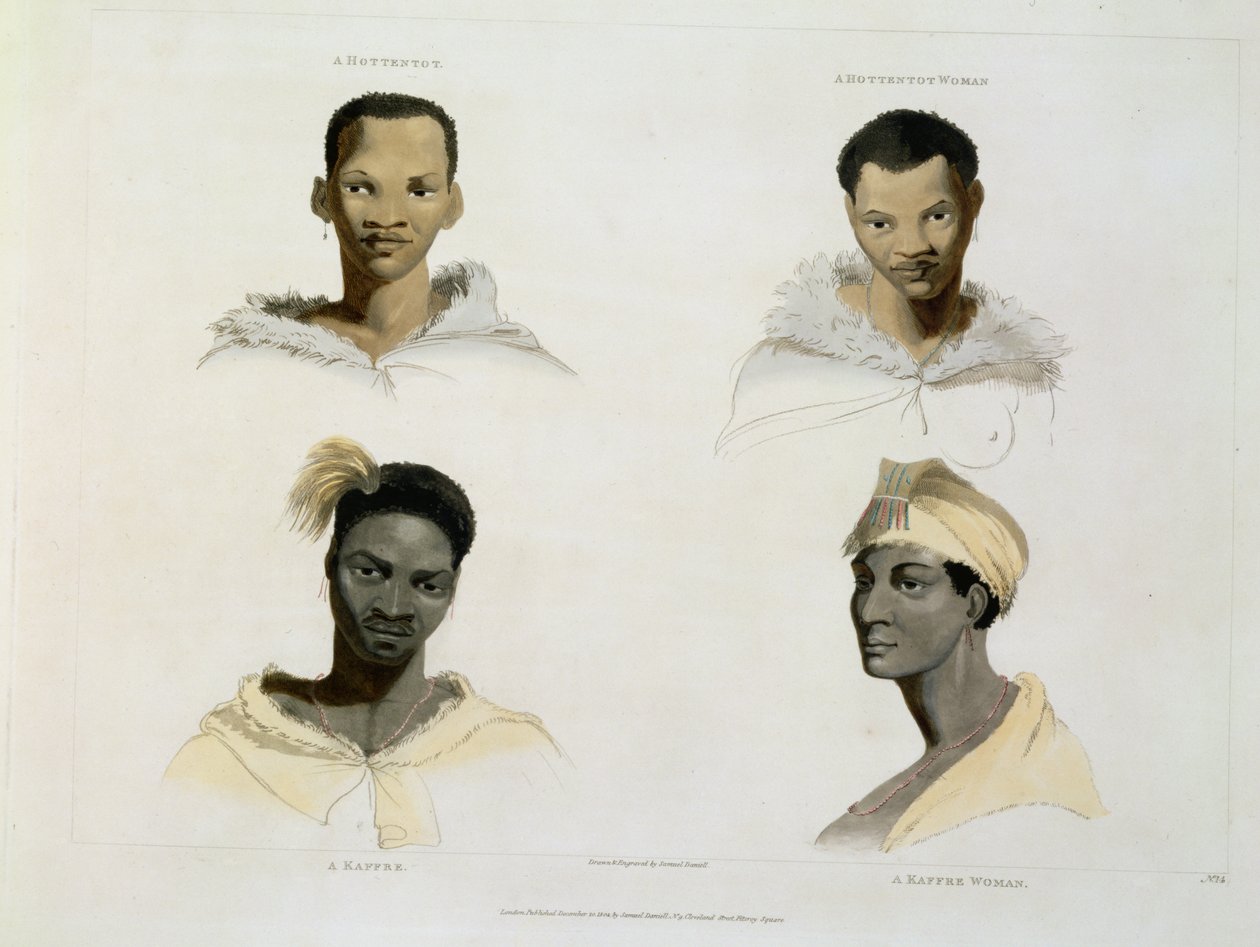 Hottentott, hotentott nainen, kaffre, kaffren nainen: neljä pää- ja olkapäävinjettiä, levy 14 Afrikan maisemista ja eläimistä, taiteilijan kaiverrus, 1804 (akvatinta) tekijältä Samuel Daniell