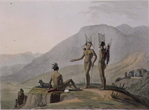 Bush-Men Hottentots Armed for an Expedition, levy 2 Afrikan maisemista ja eläimistä, taiteilijan kaivertama tekijältä Samuel Daniell