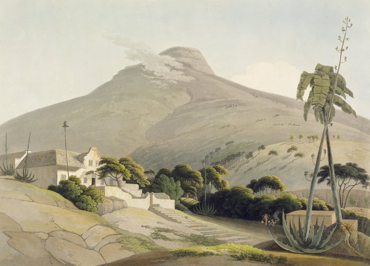 Näkymä leijonanpäästä, levy 28 Afrikan maisemista ja eläimistä, taiteilijan kaiverrus, 1805 (akvatinta) tekijältä Samuel Daniell