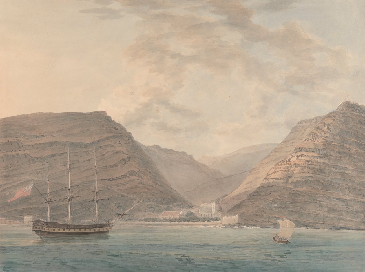 Man of War ankkuroituna satamaan, vuoria taustalla tekijältä Samuel Davis