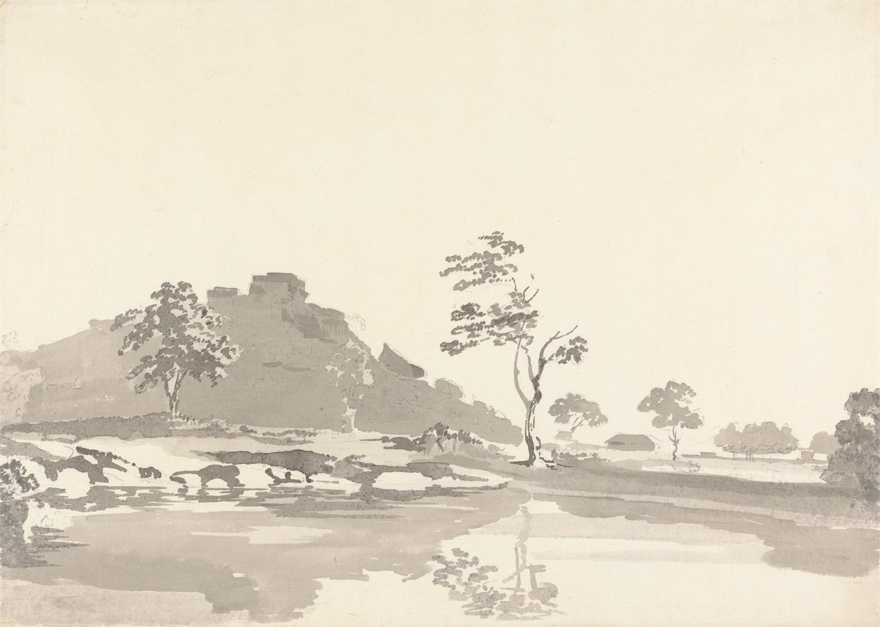 River Scene, jossa on linnoitus kukkulalla keskietäisyydellä tekijältä Samuel Davis