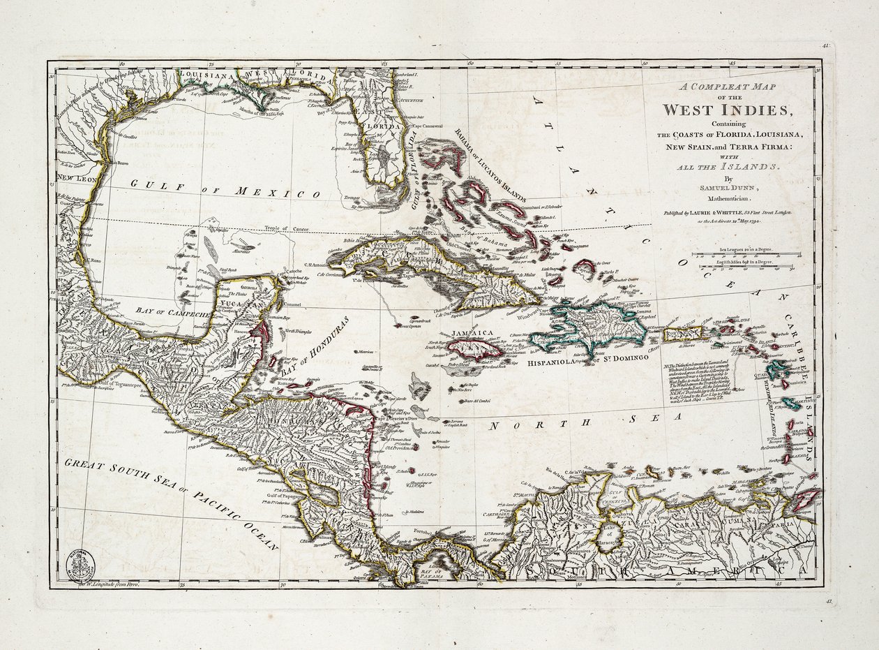 Länsi-Intian täydellinen kartta, joka sisältää Floridan, Louisianan, Uuden Espanjan ja Terra Firman rannikot kaikkine saarineen. tekijältä Samuel Dunn
